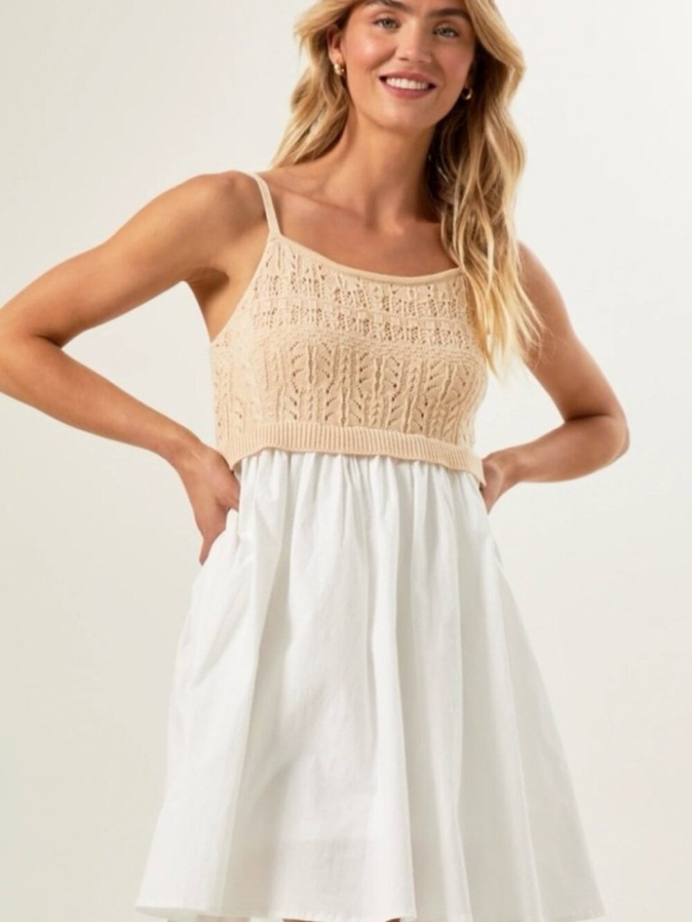 Altar'd State Cream Knit Bodice White Skirt Mini Dress